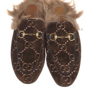 Brown Velvet Gucci Fur Loafers